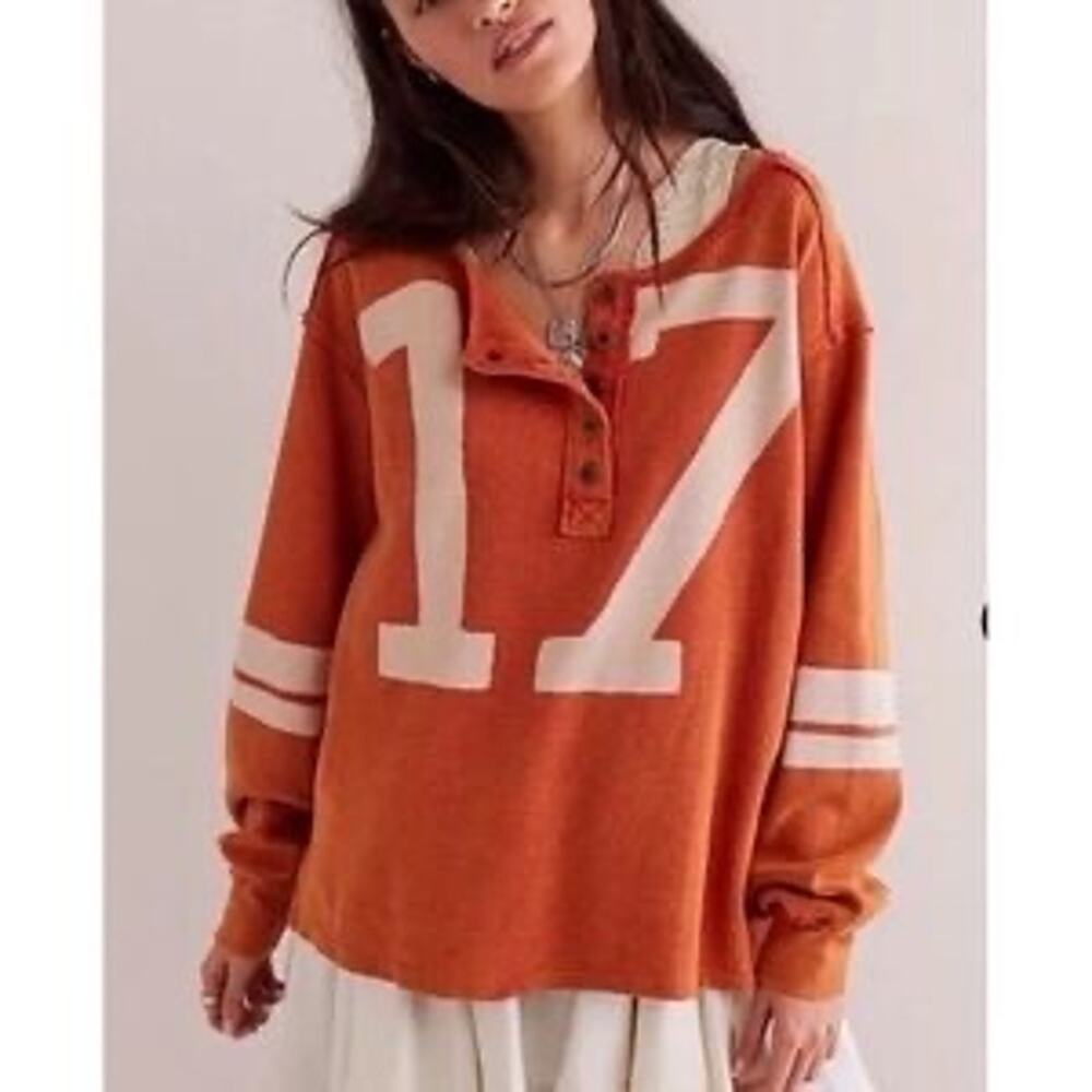 Free People We The Free Thermal Henley Top XS Rust Orange 17 Varsity Waffle Knit